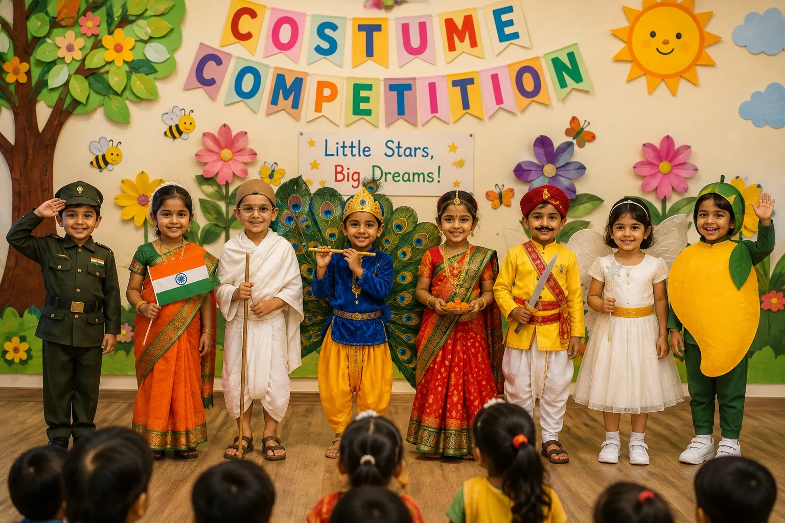 Children in costume on stage for the fancy dress competition