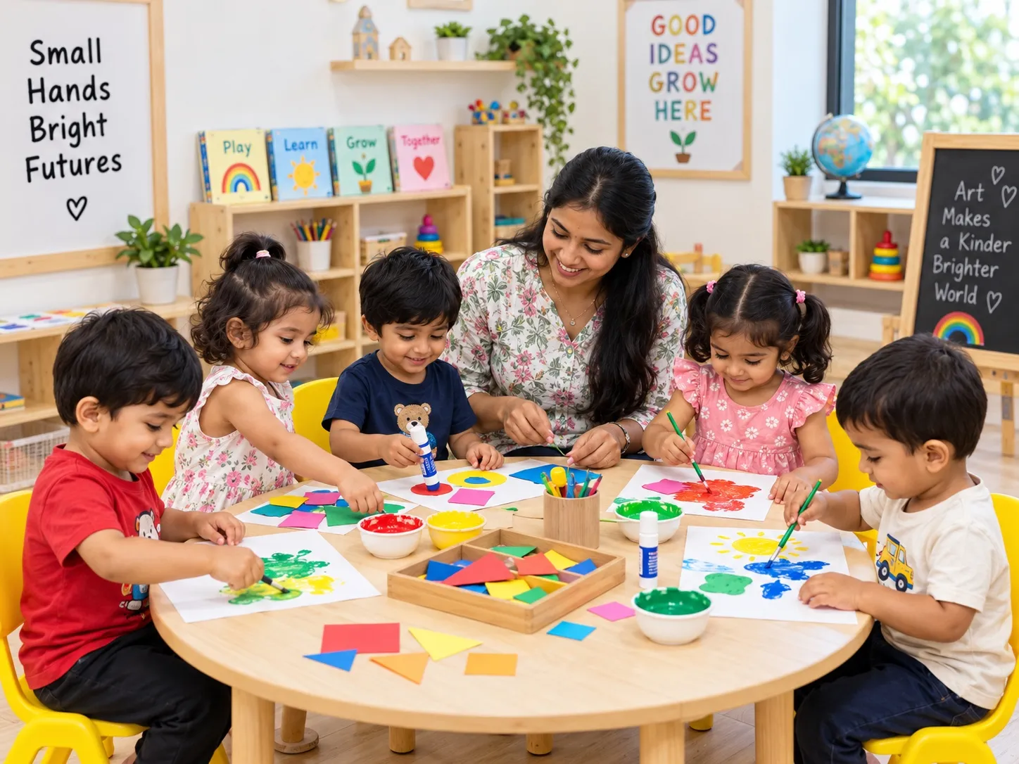Children painting and cutting paper shapes with their teacher at the art table