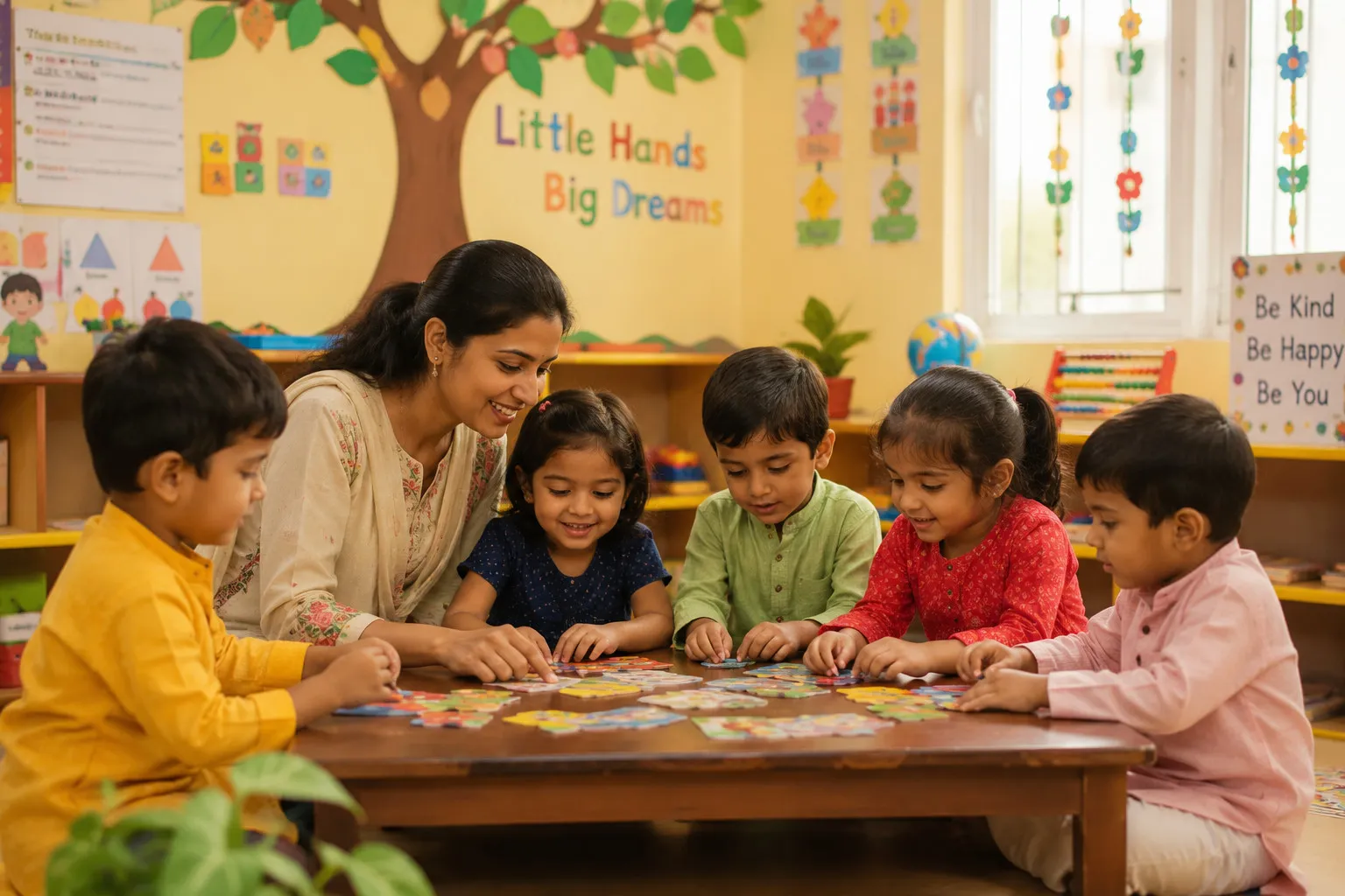 Smart Kids children at a classroom table with their teacher
