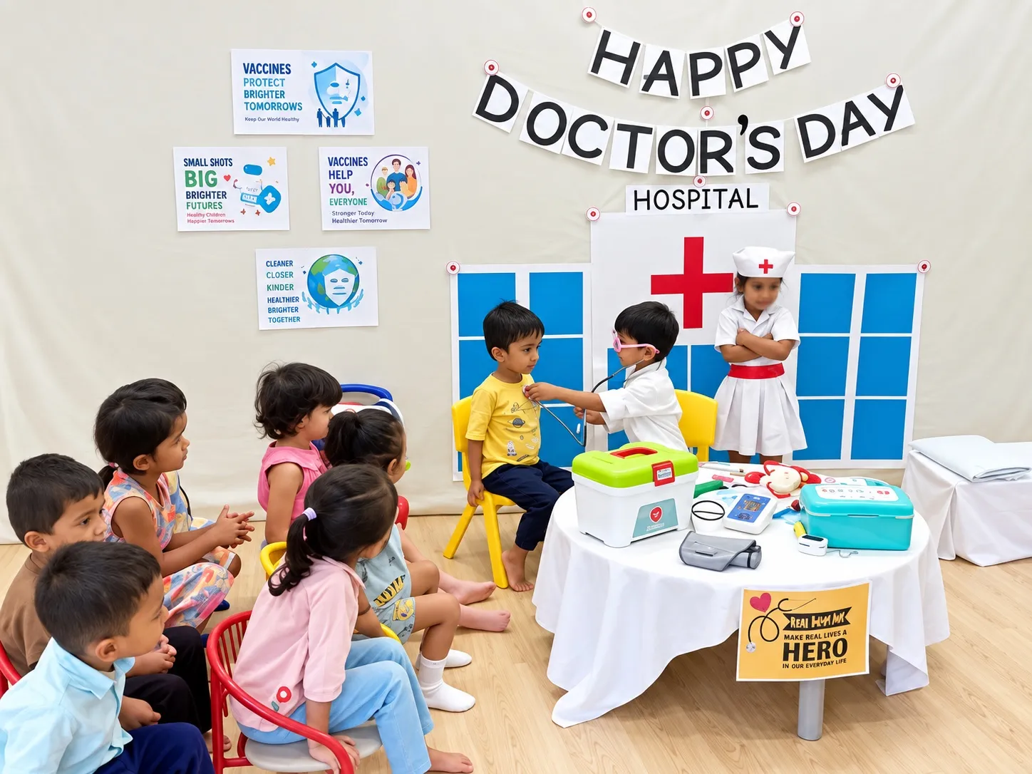 Children in doctor and nurse costumes acting out a check-up on Doctor's Day