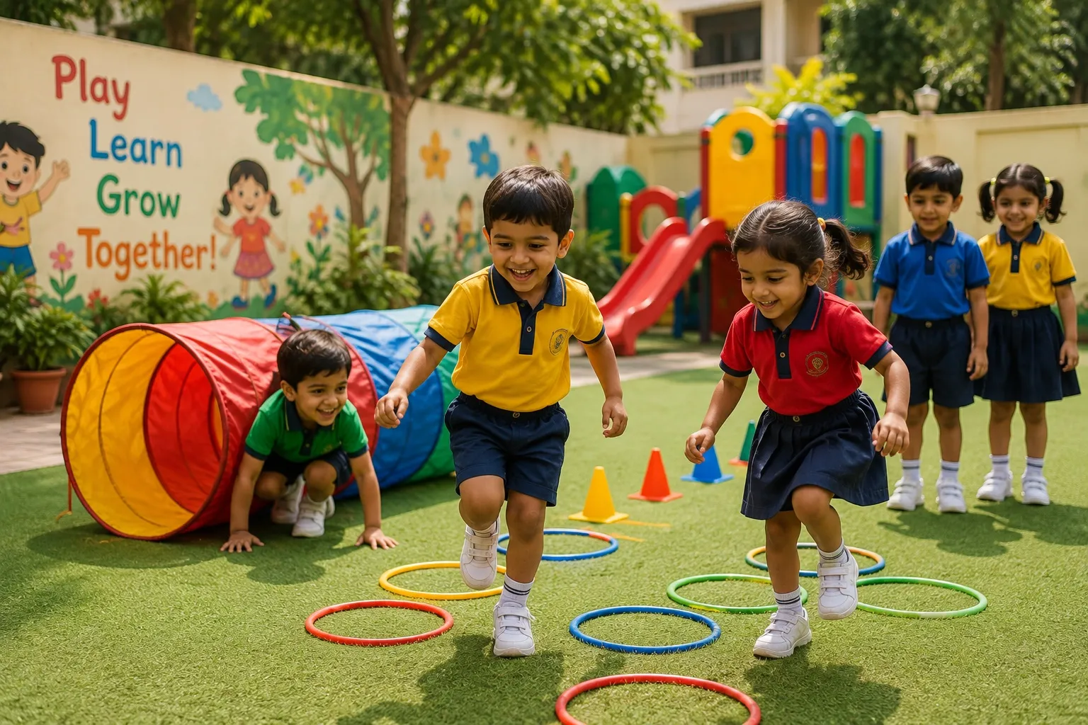 Children running an obstacle course in the Smart Kids play zone
