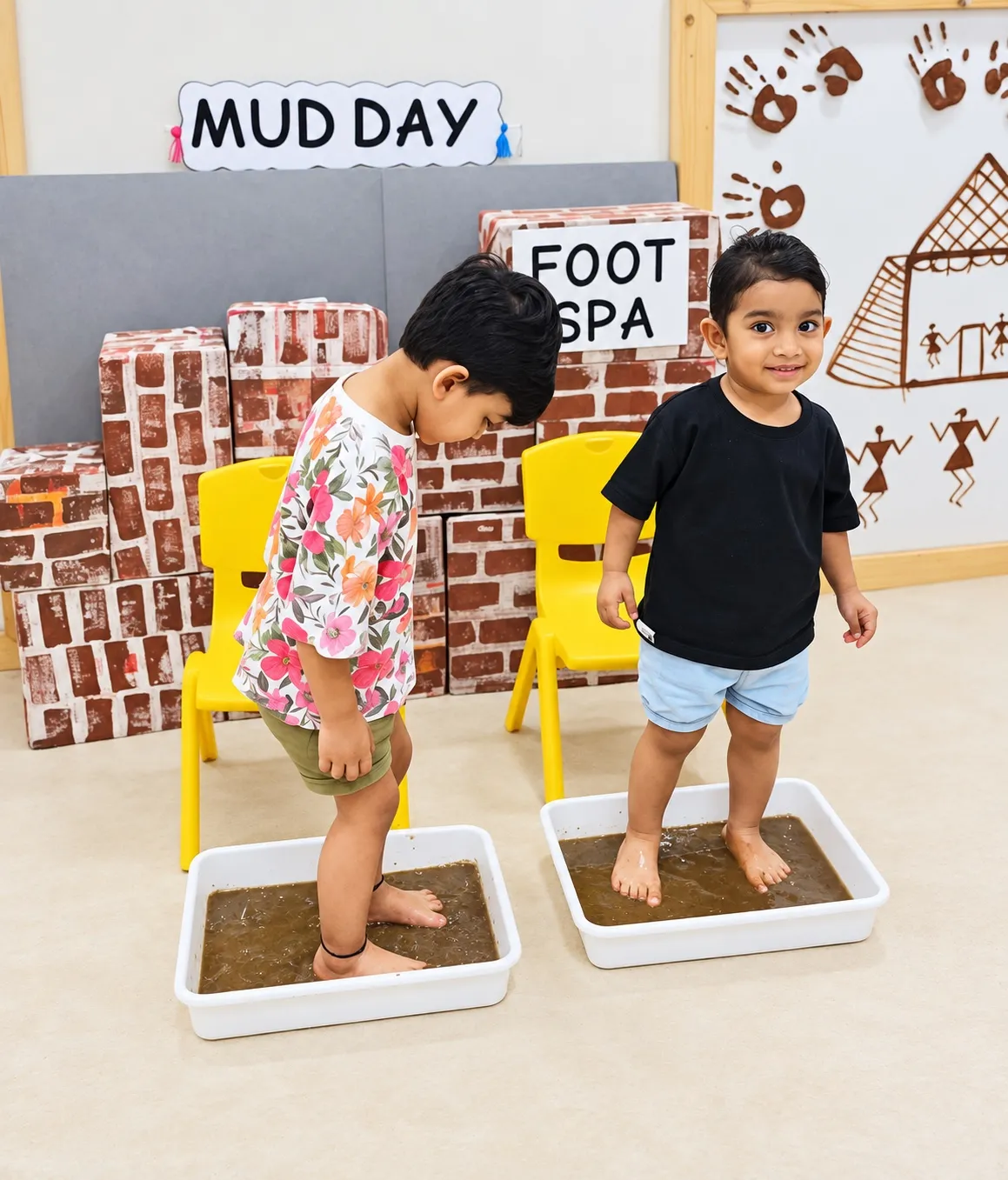 Two children standing in trays of mud at the Mud Day foot spa