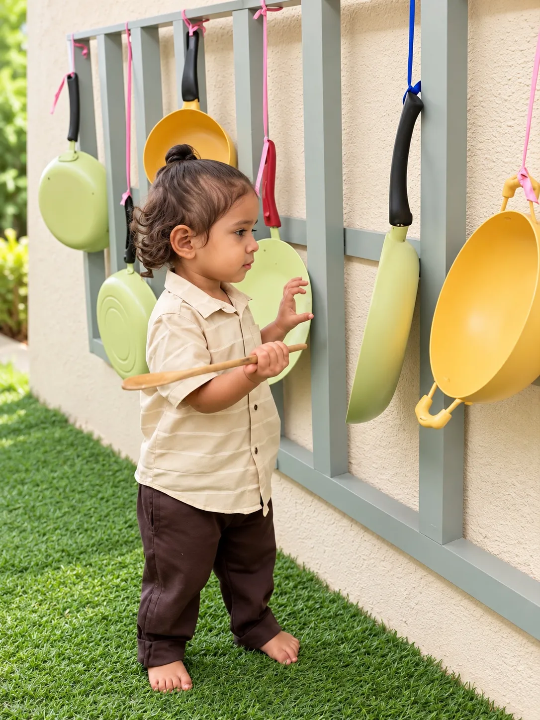 A toddler striking the outdoor music wall with a wooden spoon