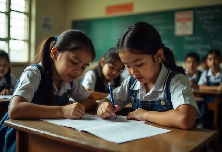 Two children writing in their notebooks at a classroom desk
